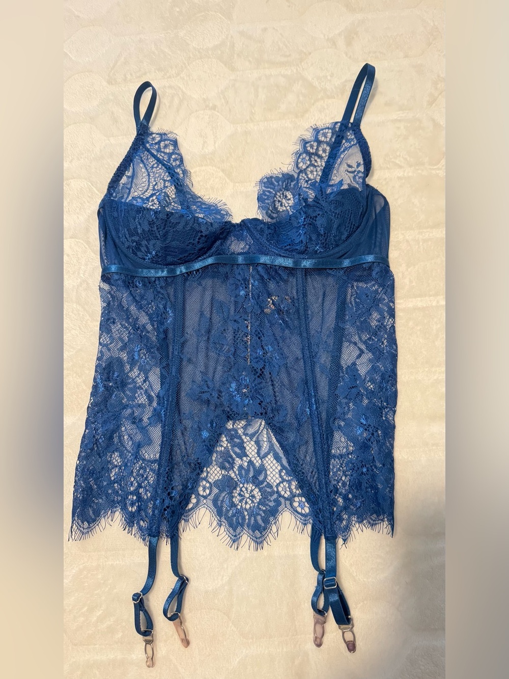 Frederick's of Hollywood Blue Lace Wireless Teddy Chemise with Garter Straps